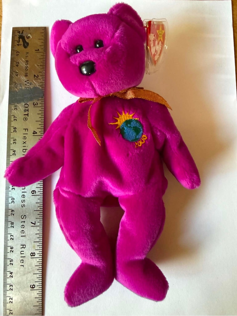 Ty Millennium 1999 Teddy Beanie Baby Purple Bear with World & Sun Embroidered